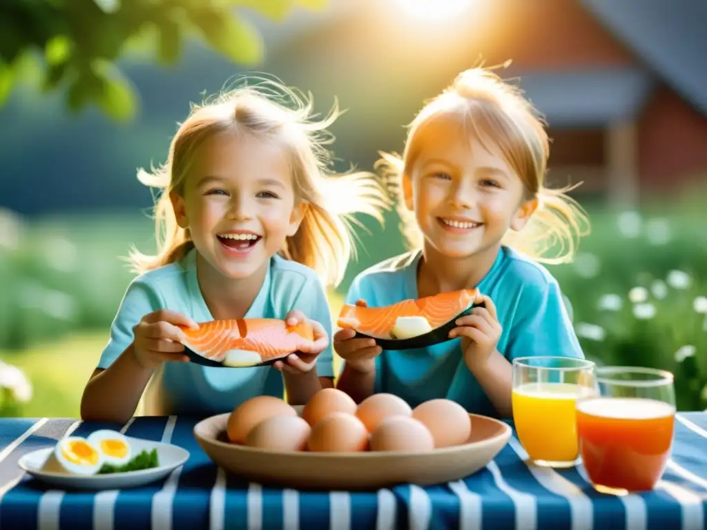 Un grupo de niños felices y saludables juega al aire libre bajo el sol brillante, con alimentos ricos en vitamina D en primer plano