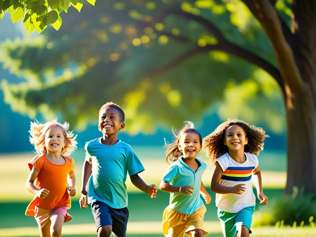 Un grupo de niños felices y saludables jugando al aire libre bajo el sol, disfrutando de la vitamina D para fortalecer su inmunidad