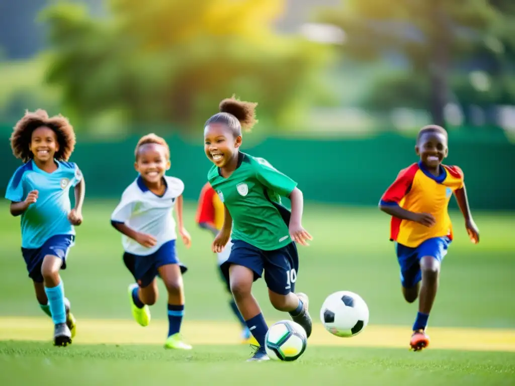 Grupo de niños diversos jugando al fútbol en un campo soleado, resaltando la importancia del deporte en niños para fortalecer el sistema inmune