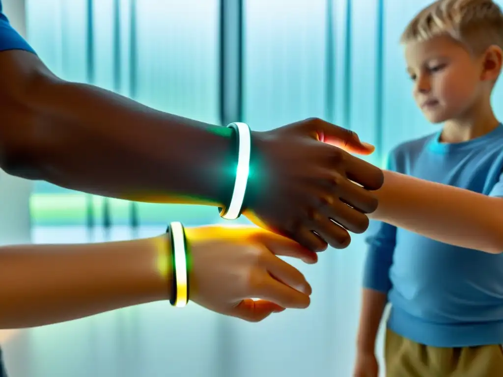 Un grupo de niños con pulseras futuristas emitiendo una suave luz, en una habitación minimalista