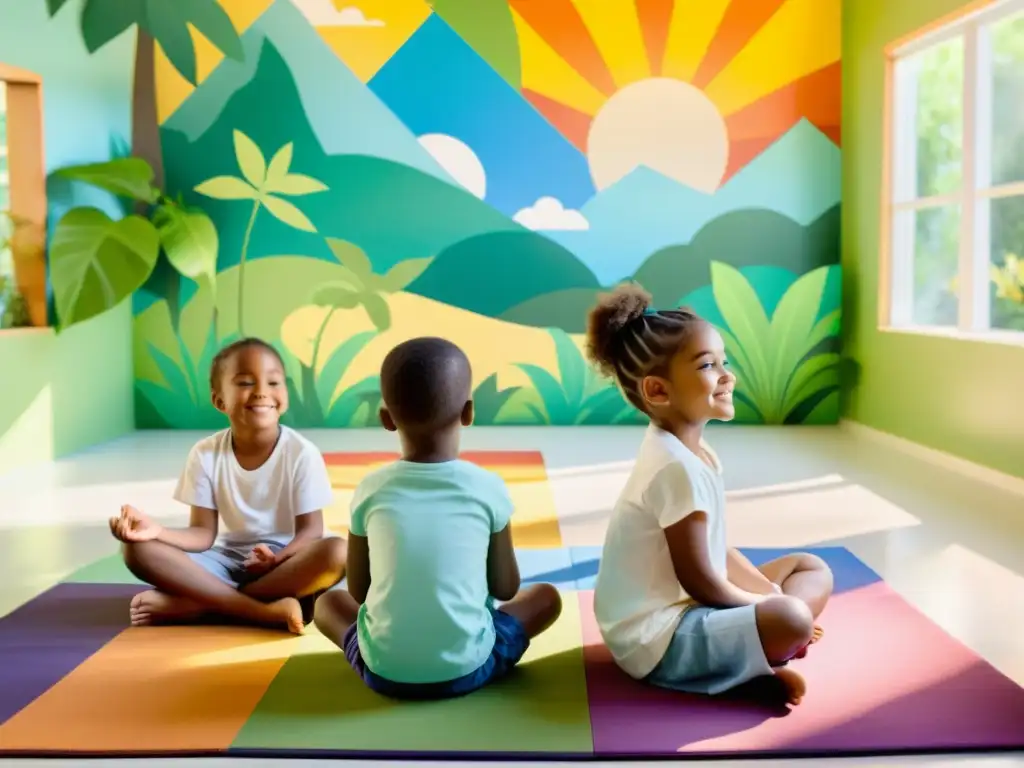 Grupo de niños meditando en un salón soleado y tranquilo, rodeados de plantas