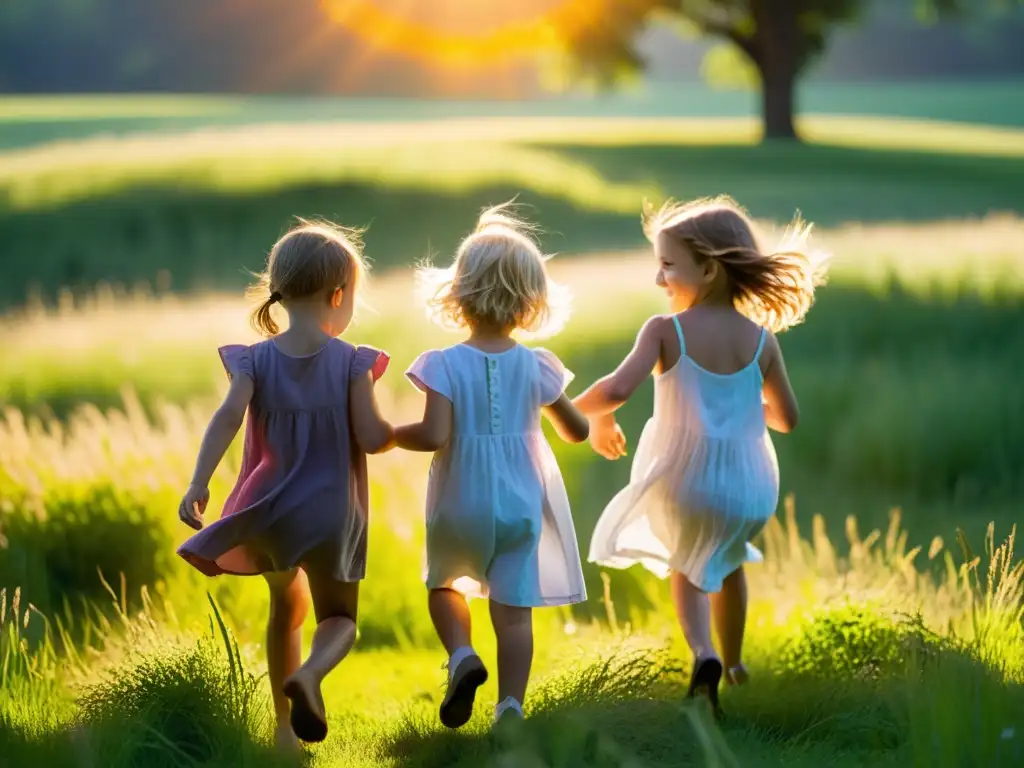 Un grupo de niños jugando bajo el sol en un campo, irradiando alegría y vitalidad