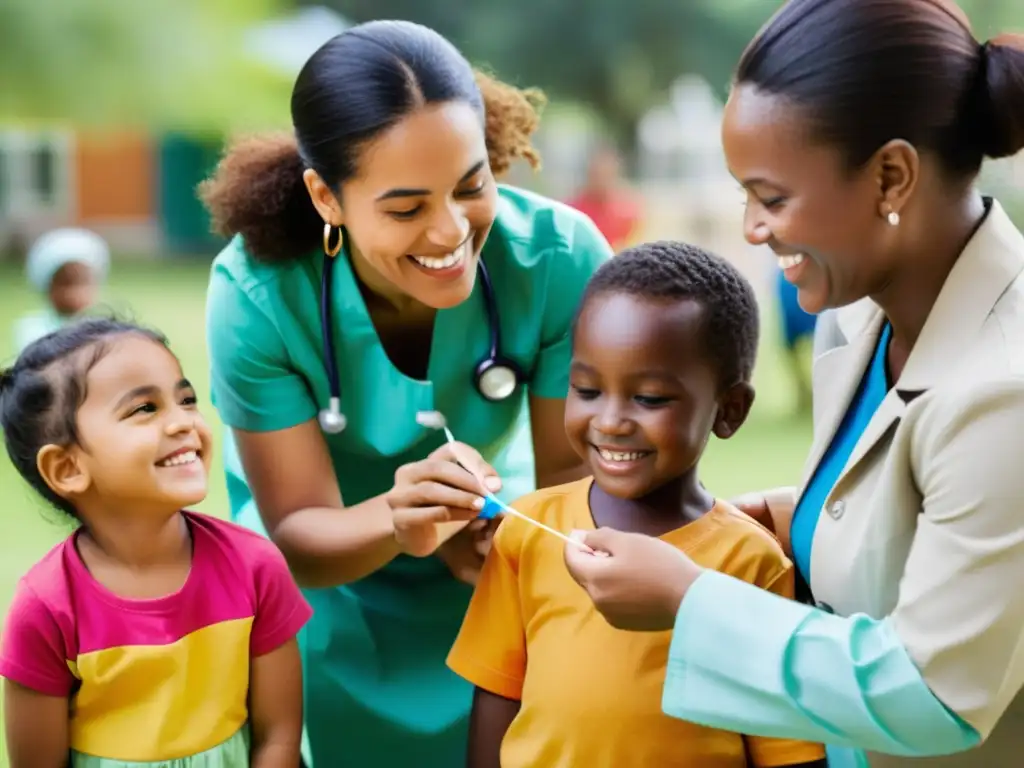 Un grupo de niños sonrientes y saludables de diversas etnias juegan juntos en un entorno vibrante y diverso