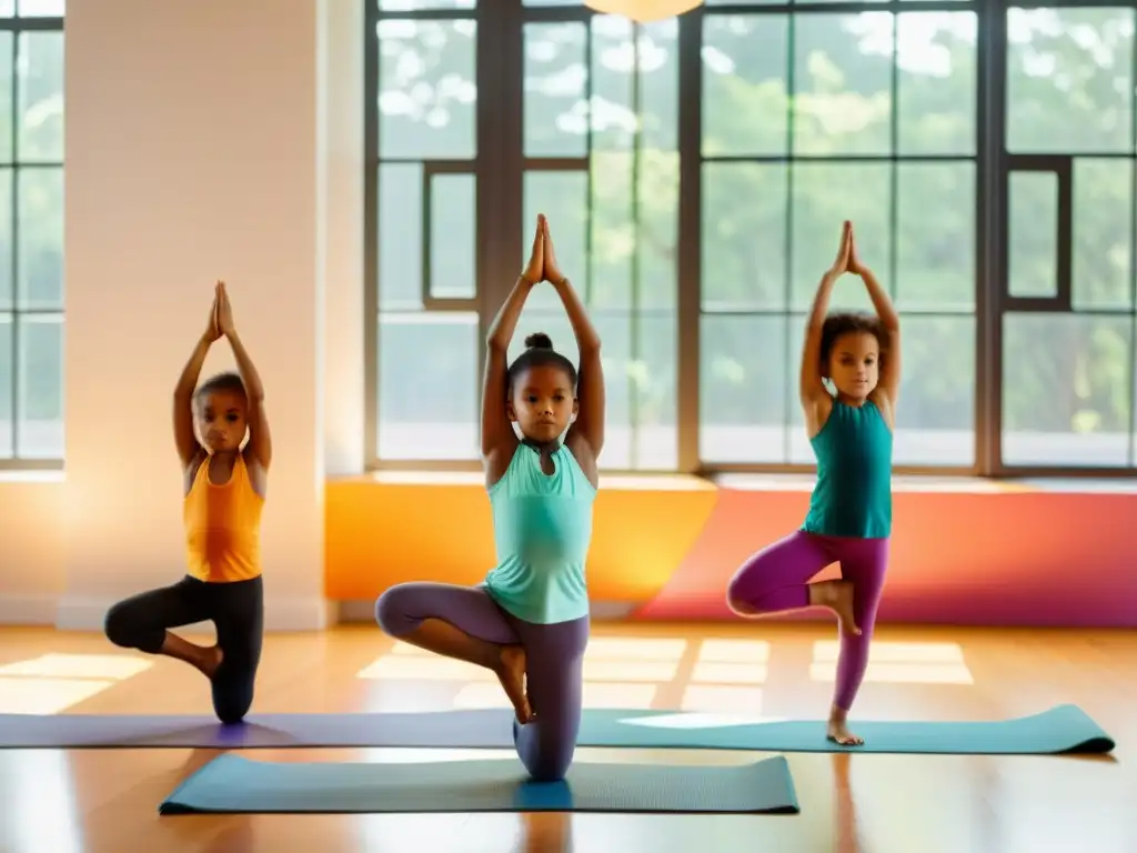 Un grupo de niños practican yoga en un estudio luminoso, expresando gracia y concentración