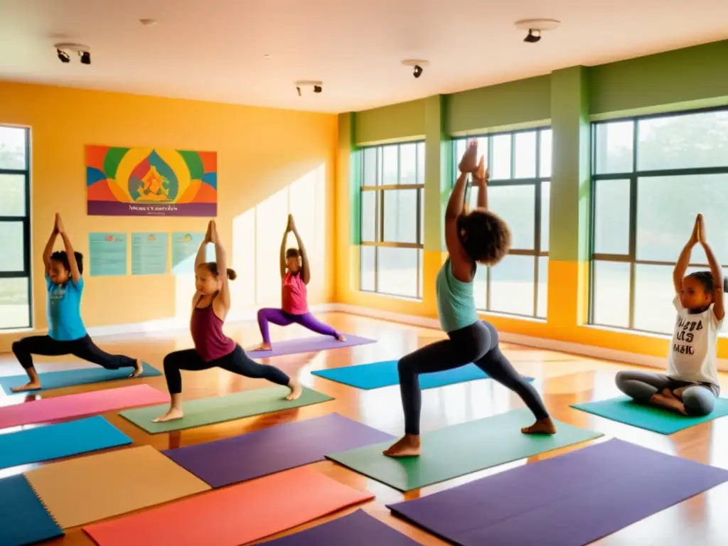 Grupo de niños practicando yoga en una sala amplia y luminosa, con posturas llenas de energía