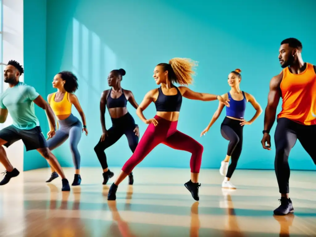 Un grupo de personas diversas bailando con energía en un estudio iluminado