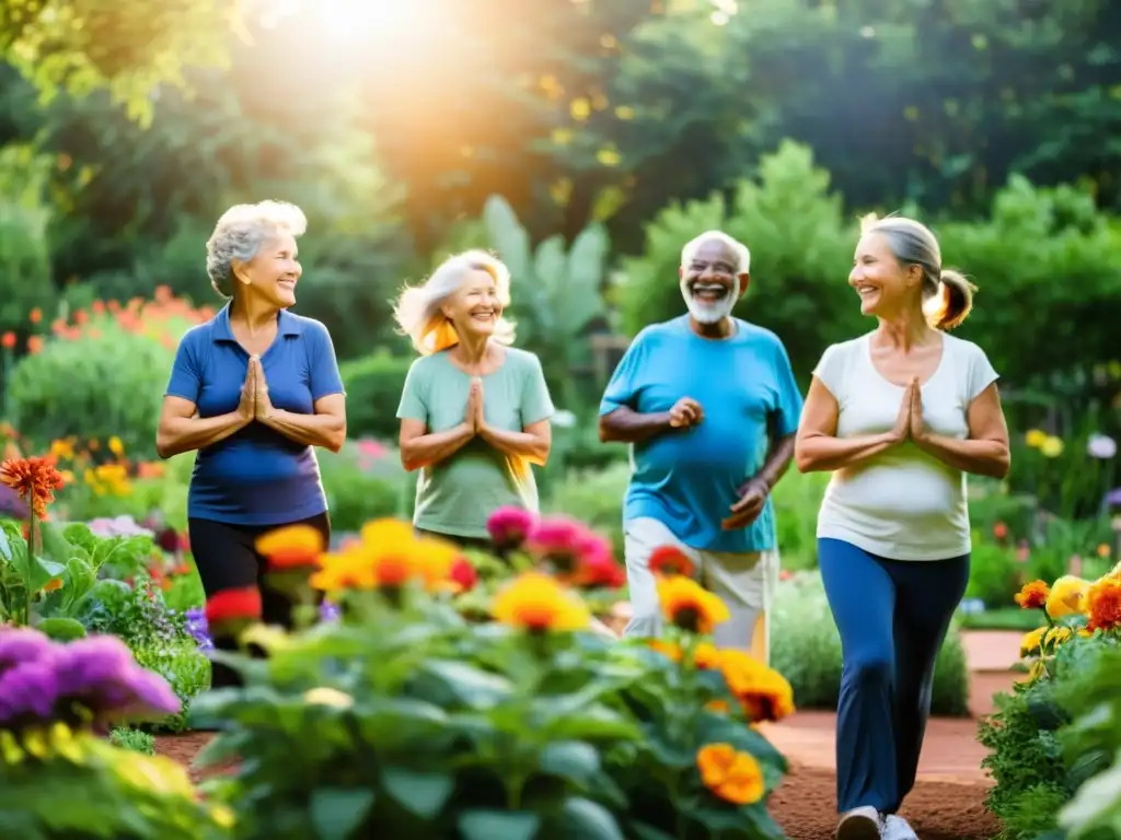 Un grupo de personas mayores disfrutando de actividades al aire libre en un vibrante jardín comunitario, irradiando alegría y vitalidad