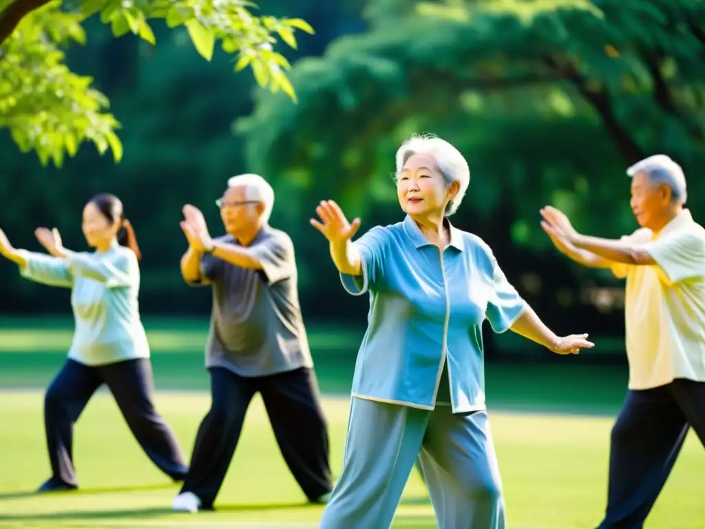 Un grupo de personas mayores practica Tai Chi al aire libre en un parque sereno, rodeado de árboles verdes y cielo azul