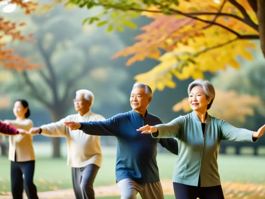 Un grupo de personas mayores practicando tai chi en un parque, rodeados de hojas de otoño