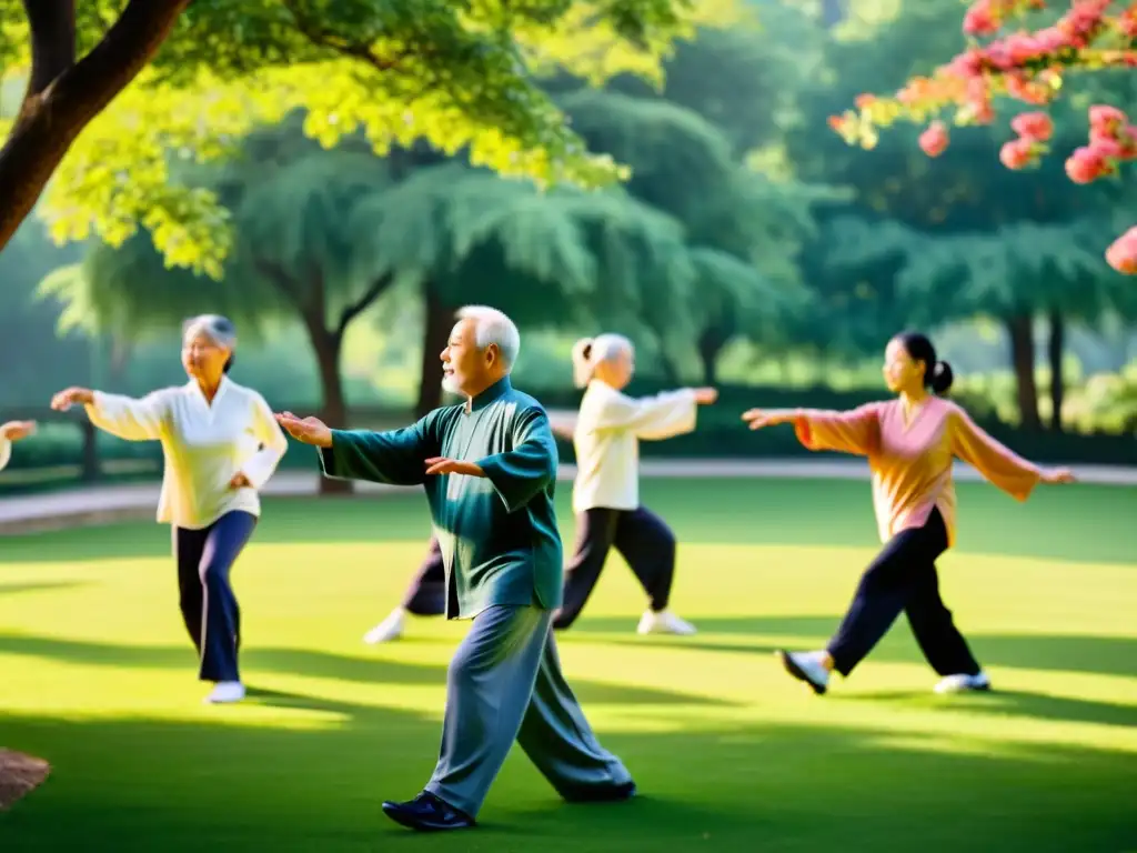 Grupo de personas mayores practicando tai chi en un parque, fortaleciendo la inmunidad en la tercera edad con la serenidad de la naturaleza