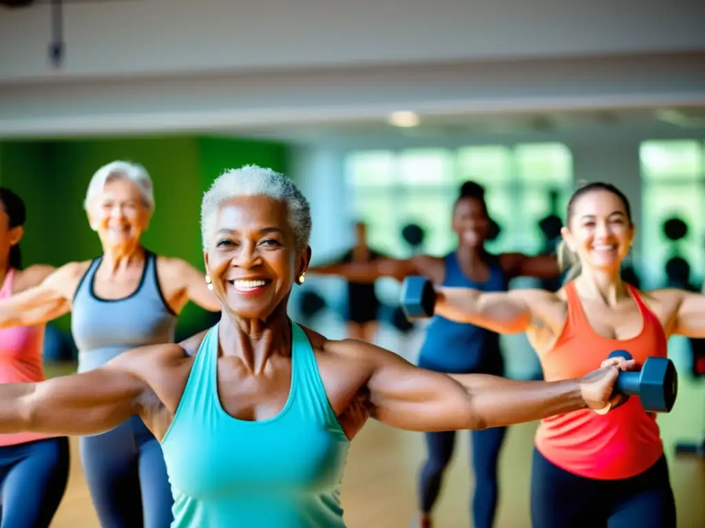 Grupo de personas mayores participando en una clase de ejercicios para fortalecer el sistema inmunológico en un gimnasio moderno, con una atmósfera de vitalidad y compañerismo