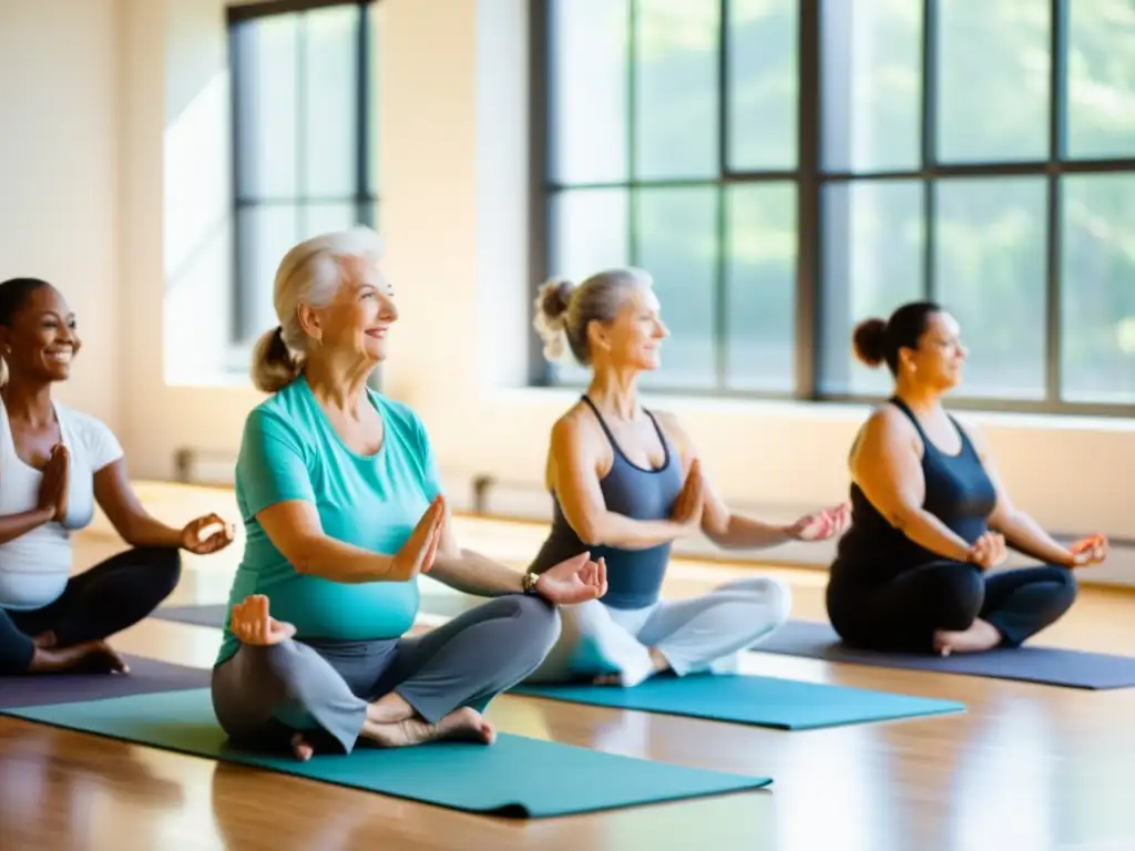 Grupo de personas mayores participando en una clase de yoga en un estudio luminoso y moderno