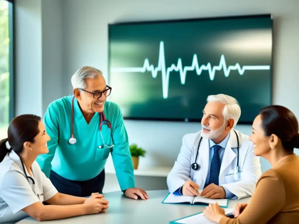 Grupo de personas mayores en consulta médica, el doctor explica la importancia de la consulta médica para la inmunidad en la vejez