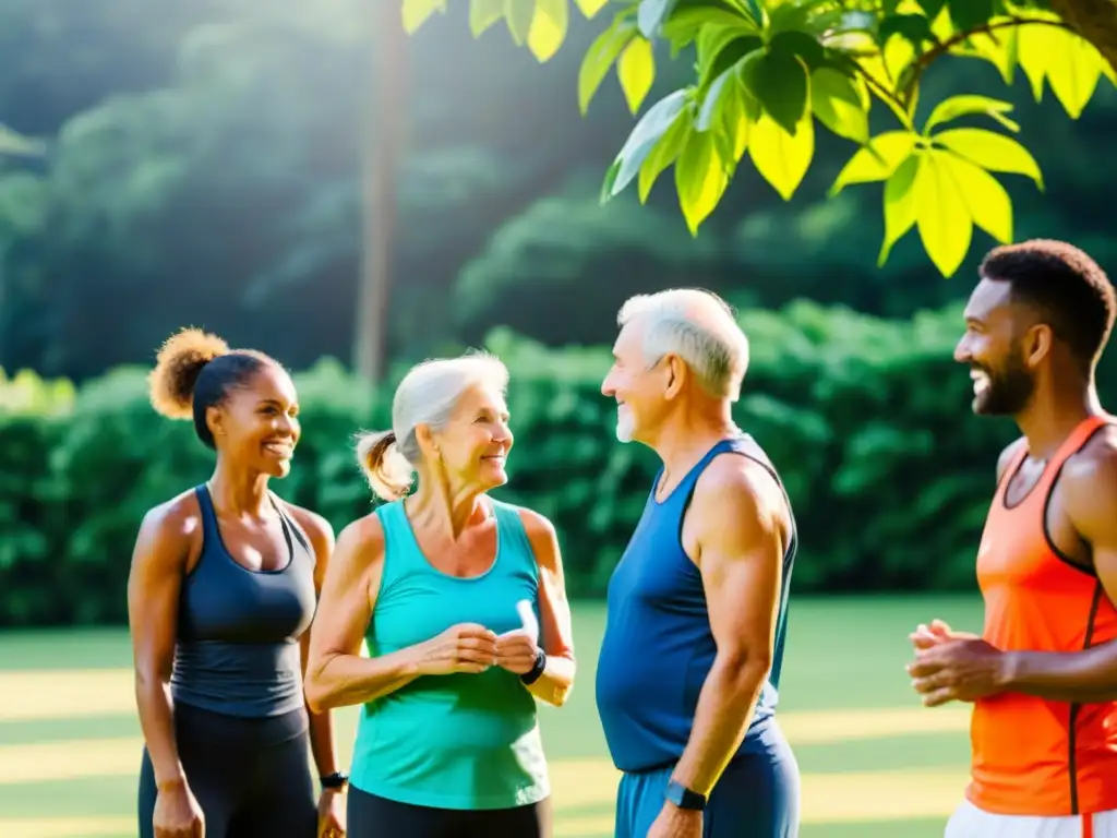 Un grupo de personas mayores participa en una sesión de coaching al aire libre, rodeados de vegetación exuberante y luz solar