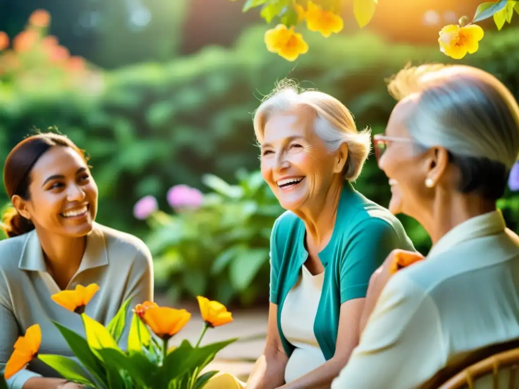 Un grupo de personas mayores sonrientes disfrutan de una animada discusión en un jardín exuberante, transmitiendo camaradería y bienestar