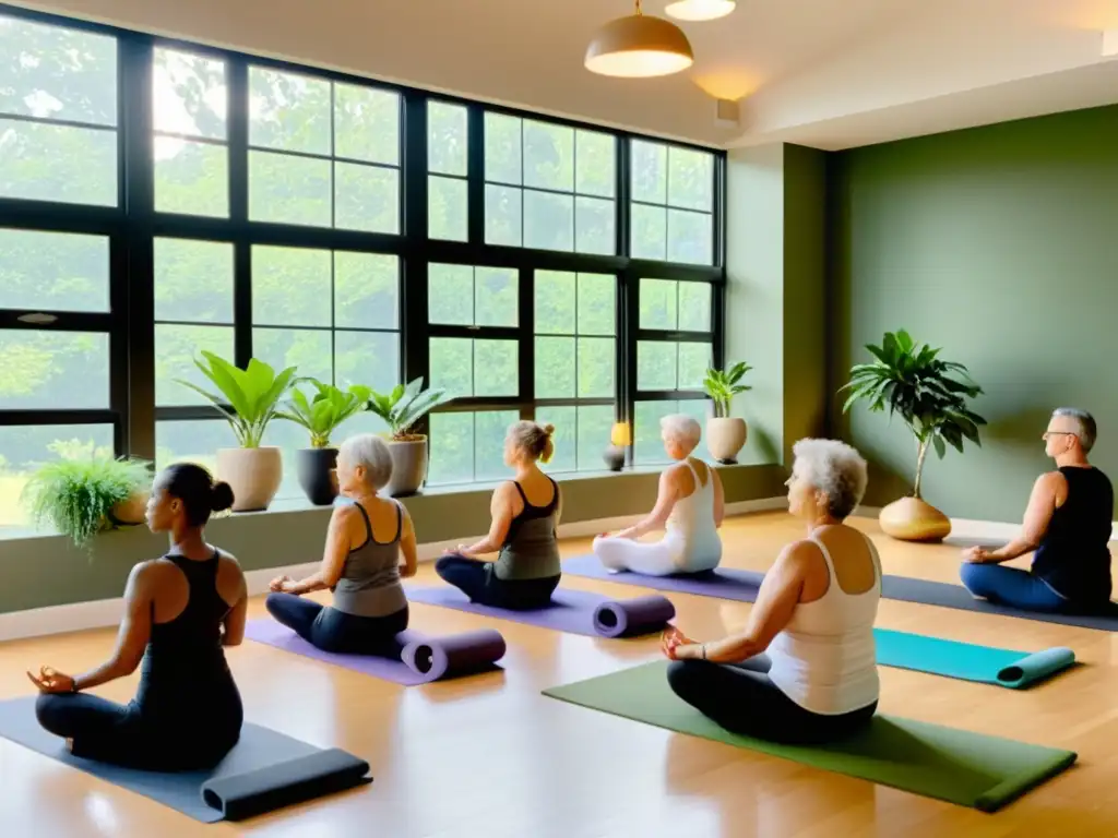 Un grupo de personas mayores practica yoga en un estudio soleado y espacioso, rodeado de plantas verdes