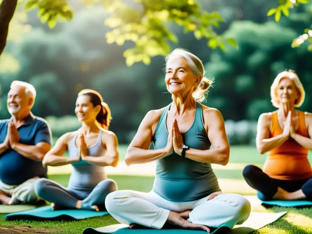 Grupo de personas mayores practicando yoga al aire libre rodeados de naturaleza, transmitiendo vitalidad y bienestar