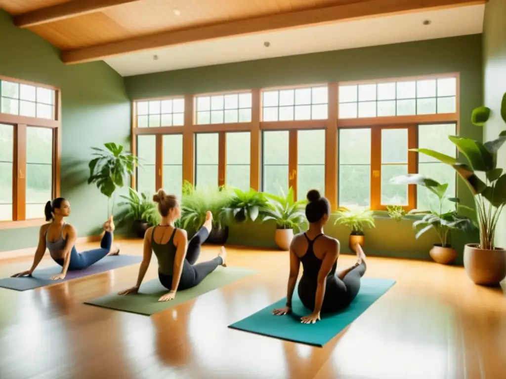 Grupo en posturas invertidas para fortalecer inmunidad, en un estudio de yoga sereno con luz natural y plantas verdes