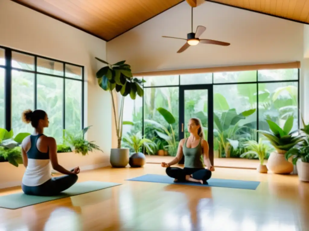 Grupo en yoga para fortalecer sistema inmunológico en un estudio sereno con luz natural y plantas verdes