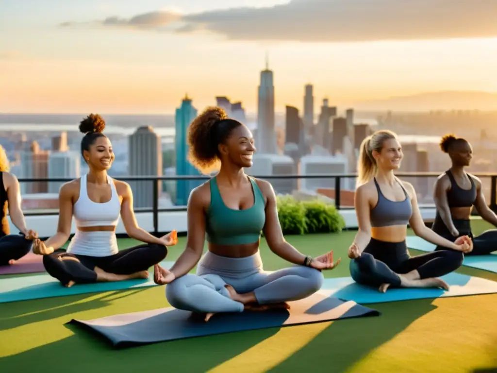 'Grupo sonriente practica yoga al atardecer en terraza verde con Seguros de salud con programas de bienestar'