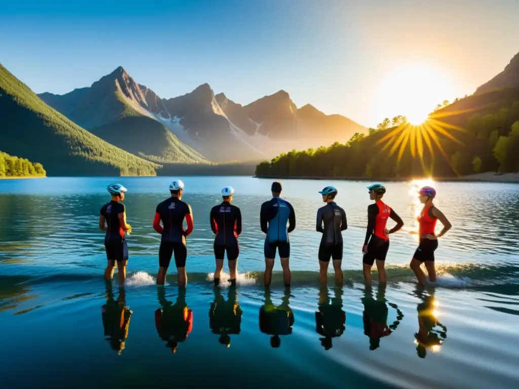 Grupo de triatletas en el borde de un lago cristalino al amanecer, evocando el desafío y la armonía con la naturaleza