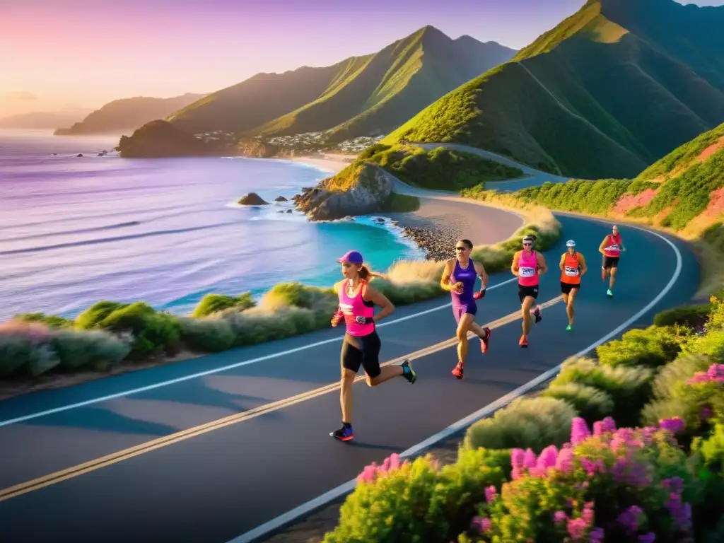 Grupo de triatletas corriendo al amanecer junto al mar y montañas, mostrando la fuerza y belleza natural