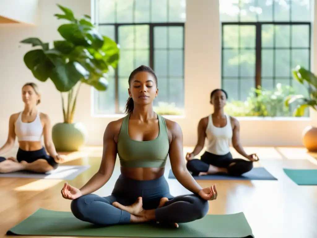 Grupo variado practica yoga en estudio soleado, con plantas verdes de fondo