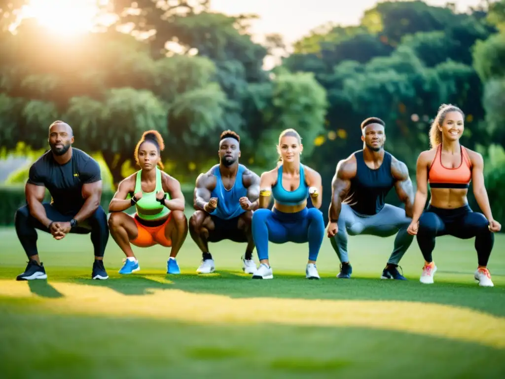 Grupo variado hace HIIT al atardecer en campo verde