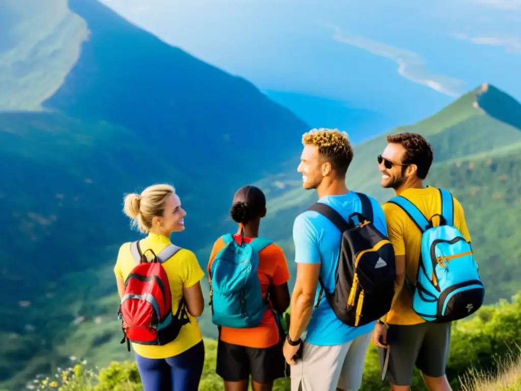 Grupo de viajeros en la cima de una montaña, radiantes y vitales, mostrando la fuerza de sus sistemas inmunológicos