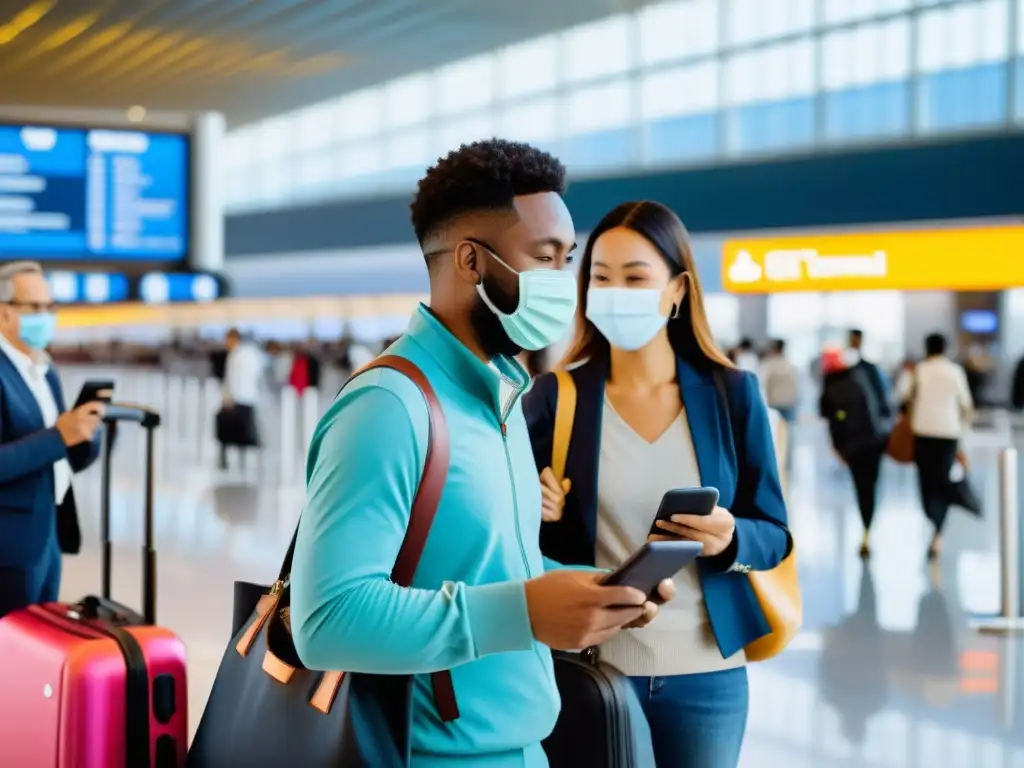 Un grupo de viajeros diversos en un aeropuerto moderno, verificando su seguro internacional de enfermedades inmunológicas mientras esperan en la fila