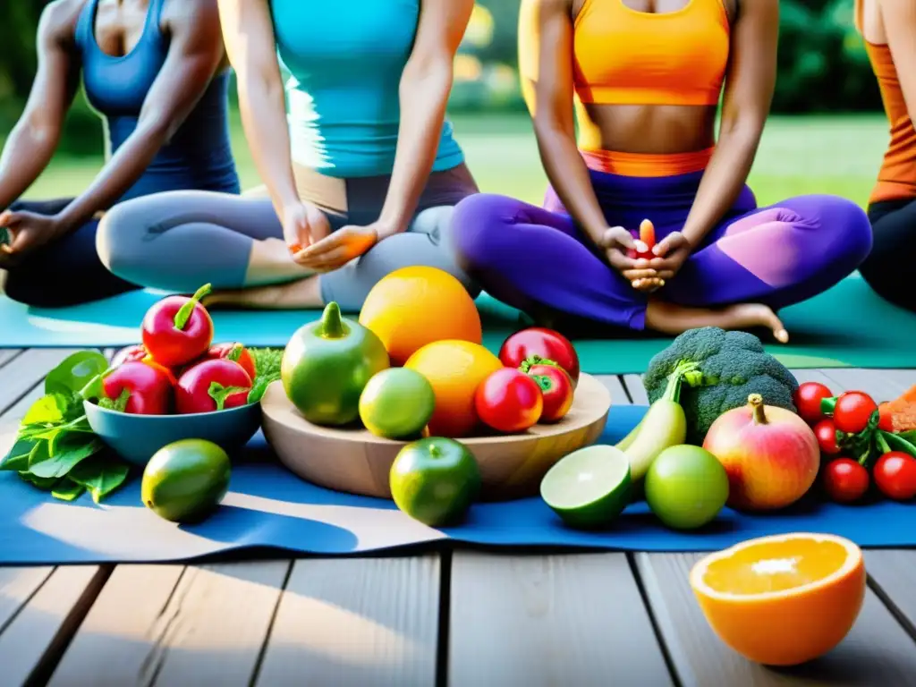 Un grupo vibrante y diverso disfruta de una actividad al aire libre mientras se rodea de frutas y verduras frescas