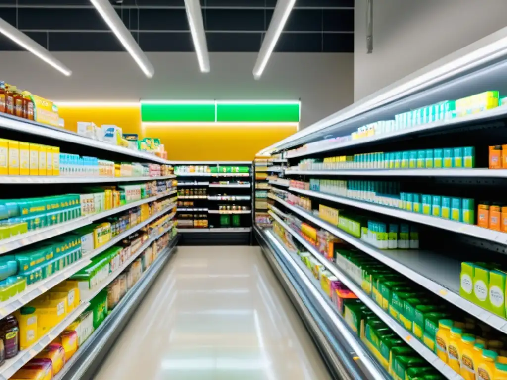 Una guía de compra suplementos inmunitarios en un supermercado moderno y luminoso, con estantes minimalistas llenos de productos coloridos y bien organizados