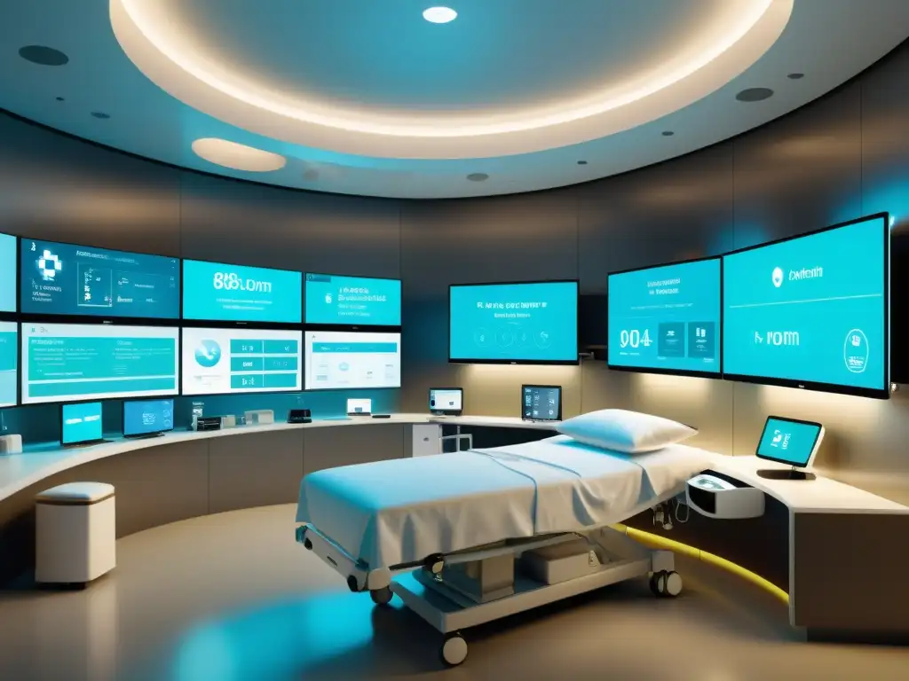 Una habitación de hospital moderna con integración IoT dispositivos médicos, mostrando tecnología avanzada y gestión eficiente de la salud