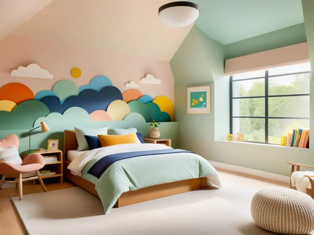 Una habitación infantil moderna y serena con paredes suaves de colores pastel, una cama acogedora tipo nube y un mural inspirado en la naturaleza