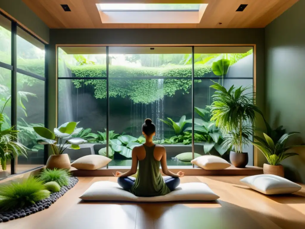 Una habitación de meditación moderna y serena con luz natural