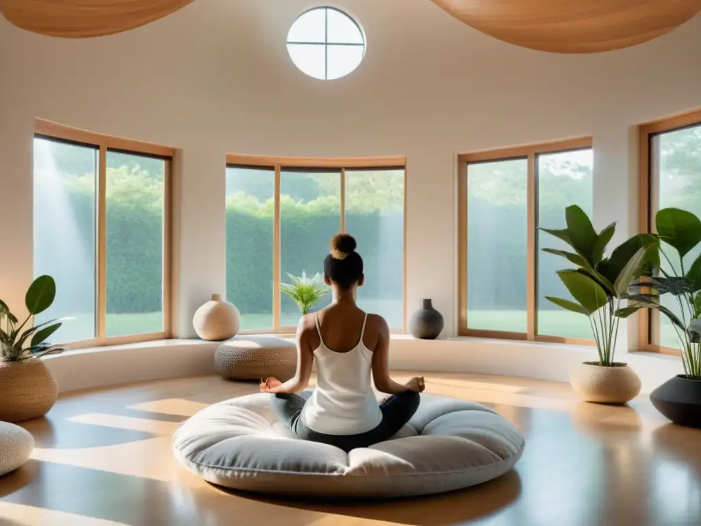 Una habitación de meditación moderna y serena con técnicas de relajación para inmunidad