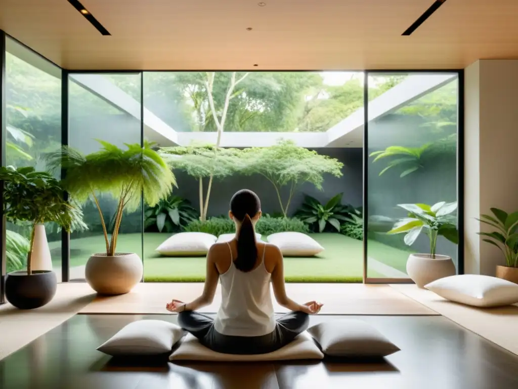 Una habitación de meditación moderna y serena con vista a un pacífico jardín