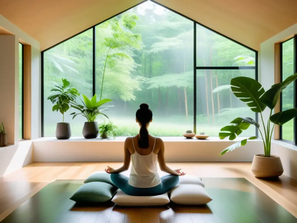 Una habitación de meditación moderna y serena con vista a un exuberante bosque