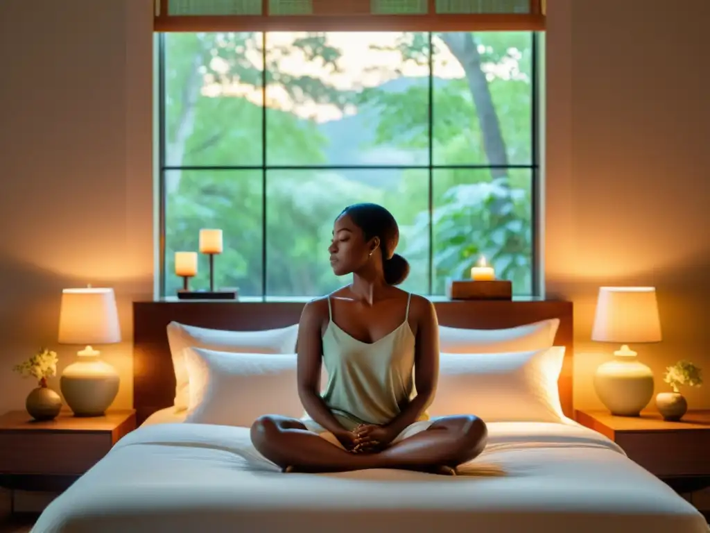 Una habitación serena con cama grande y cómoda, invita a la meditación para mejorar la calidad del sueño