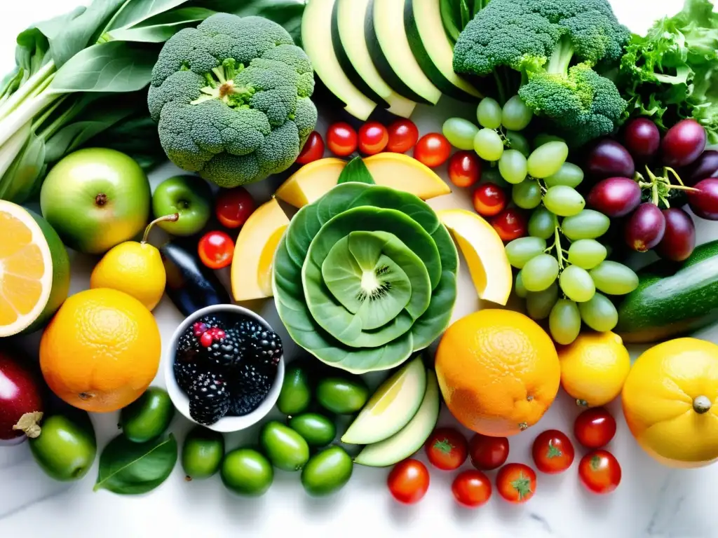 Una hermosa composición de frutas y verduras frescas en una encimera de mármol blanco