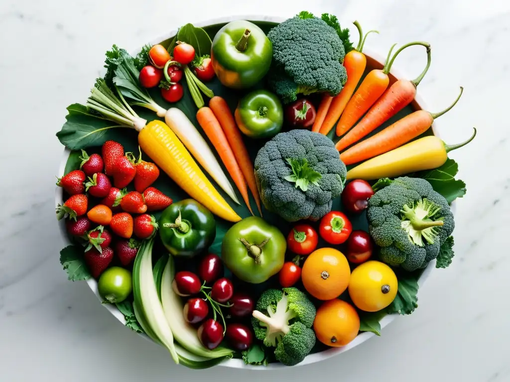 Una hermosa exhibición de frutas y verduras frescas en un patrón circular sobre una encimera de mármol blanco