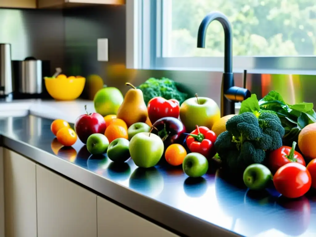 Una hermosa variedad de frutas y verduras frescas en una moderna cocina