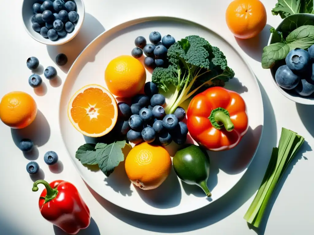 Una hermosa variedad de frutas y verduras frescas en una presentación artística, perfecta para fortalecer el sistema inmunológico