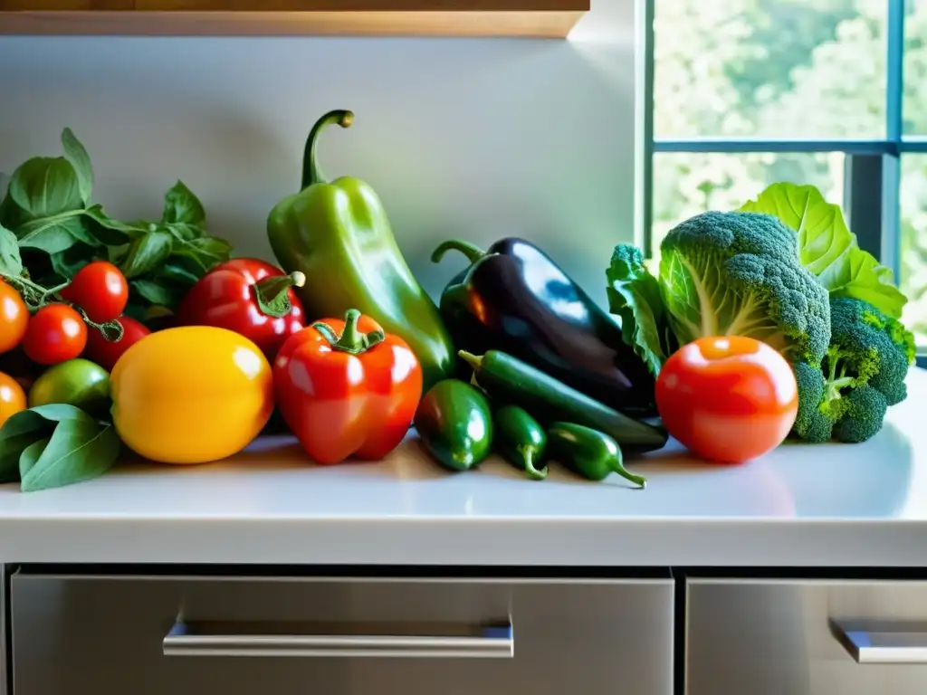 Una hermosa variedad de frutas y verduras frescas y orgánicas en una cocina moderna