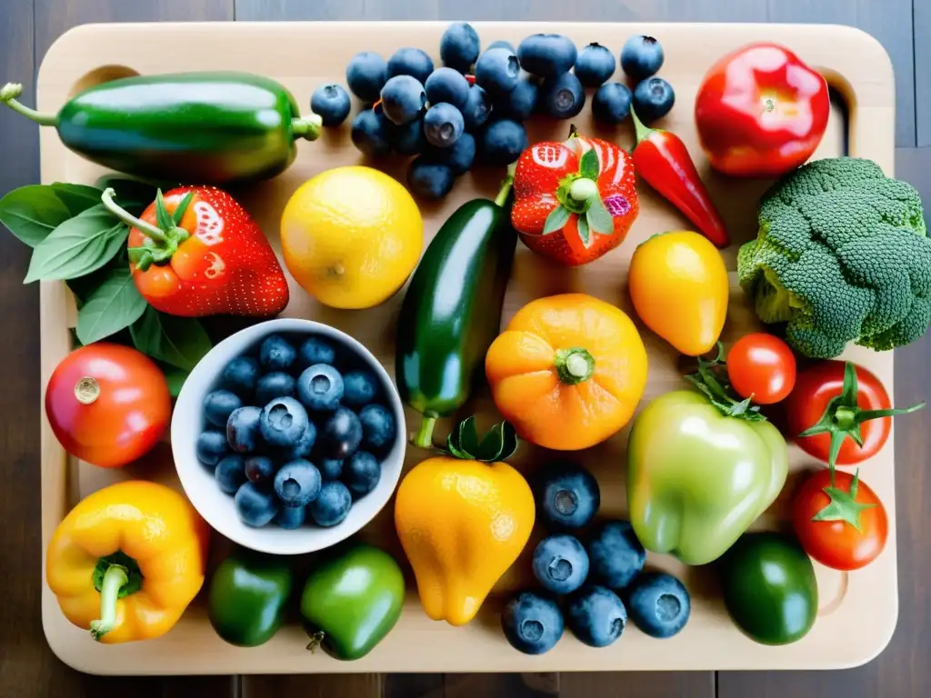 Una hermosa variedad de frutas y verduras frescas, dispuestas en una tabla de cortar de madera