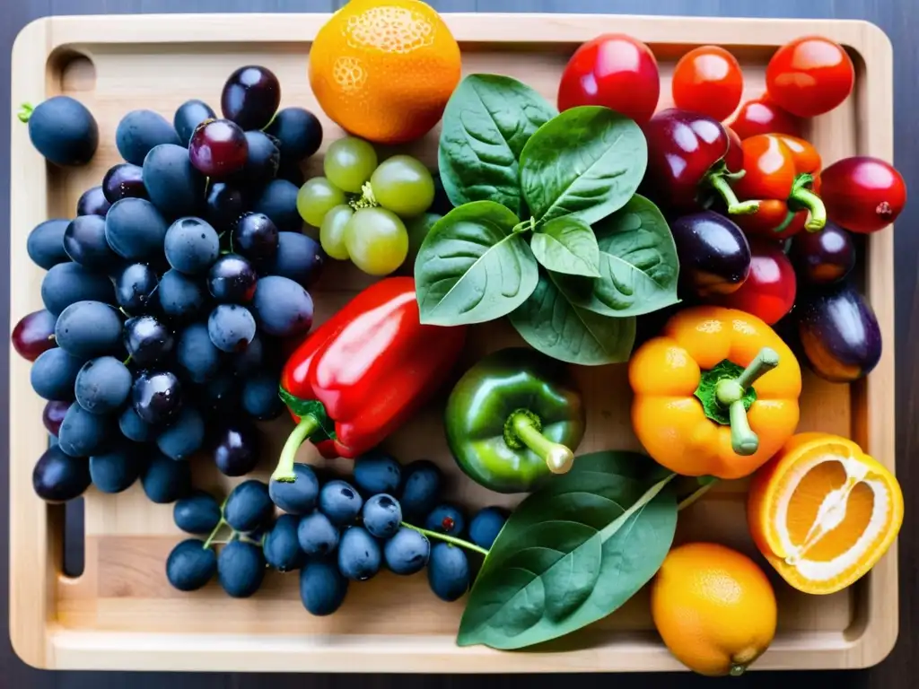 Un hermoso arreglo de frutas y verduras coloridas en una tabla de cortar de madera, con gotas de agua brillando suavemente en la luz natural