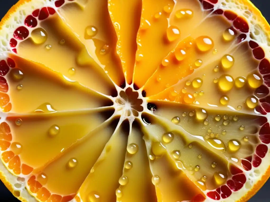 Un hermoso y jugoso detalle de una naranja rebanada con gotas de jugo brillante