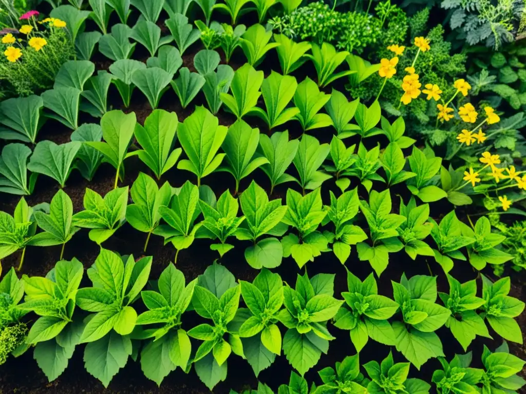 Jardín de hierbas medicinales vibrante y exuberante, con luz solar filtrándose entre las hojas y creando patrones de sombras