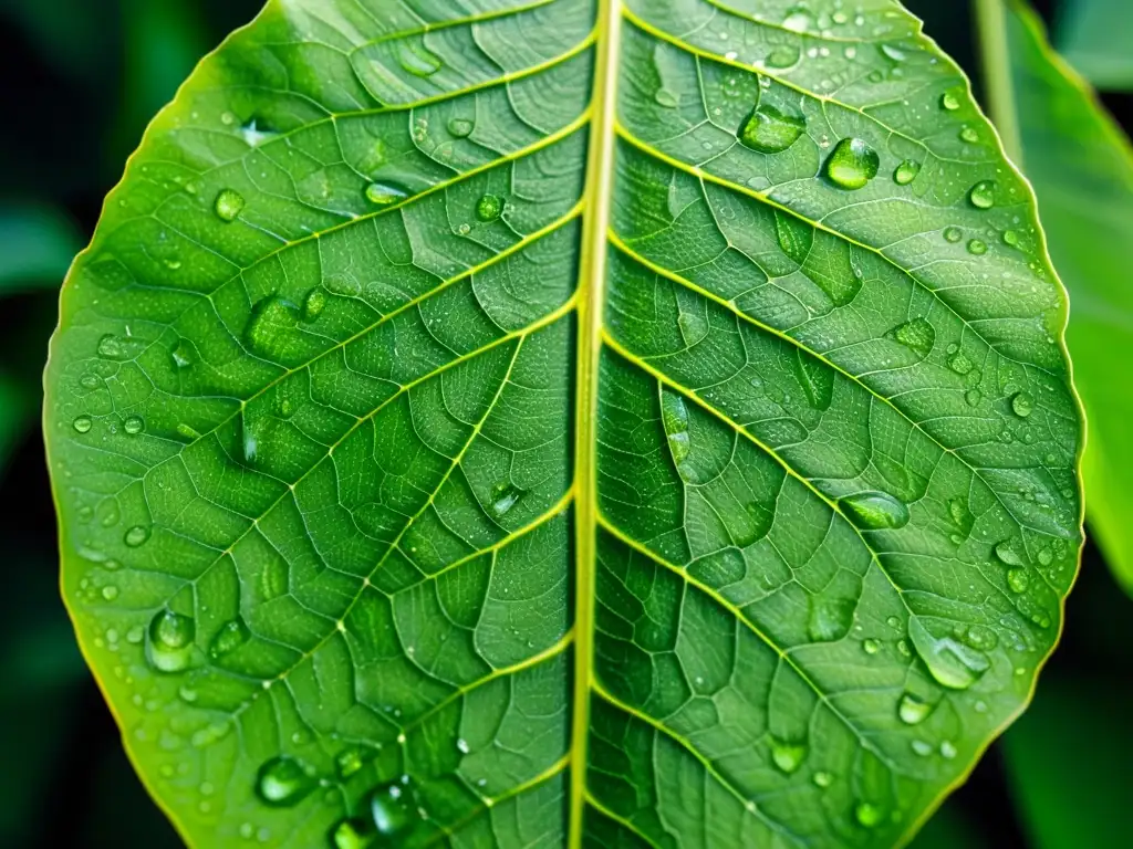 Una hoja exuberante y vibrante, con venas intrincadas y gotas de agua brillando al sol