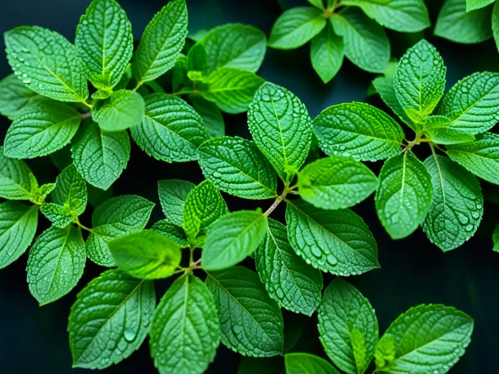 'Hoja de menta fresca con gotas de agua, resplandeciente en contraste con fondo oscuro, mostrando beneficios de la menta para inmunidad'